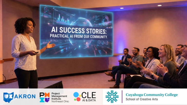 A speaker talking to a room of people. The screen shows "AI Success Stories"